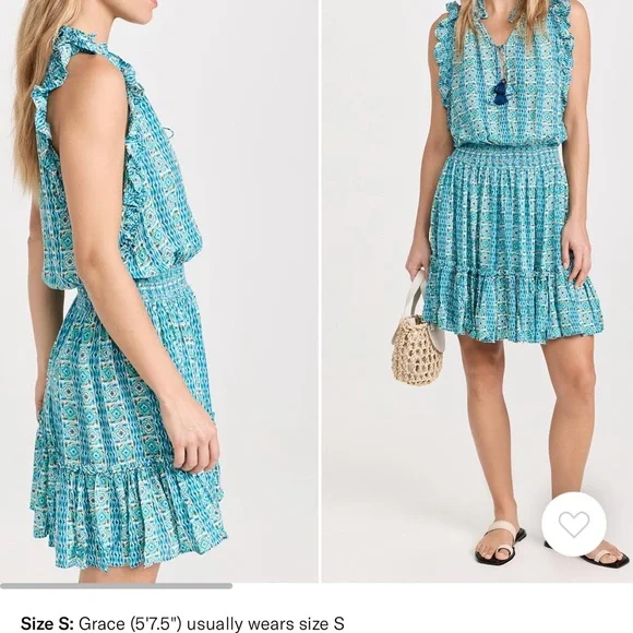 Poupette St. Barth Turquoise Patterned Ruffle Mini Dress - Picture 3 of 9